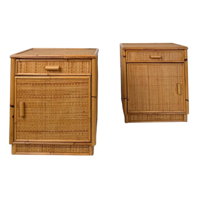 Mid-Century Modern Italian Bamboo and Woven Cane Nightstands, 1960s, Set of 2 For Sale