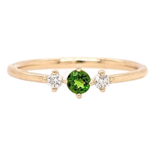 Dainty Tsavorite Ring W Earth Mined Diamonds in Solid 14k Gold | Round 3mm For Sale