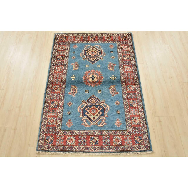 Farmhouse Kazak Rug 3’2” X 4’8” Blue Wool Tribal Hand-Knotted Oriental Carpet For Sale - Image 3 of 13