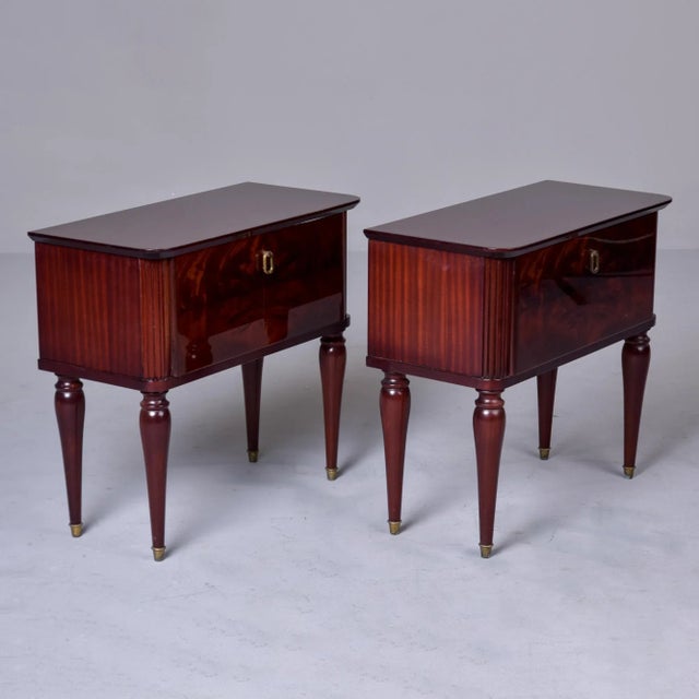 Mid Century Italian Tiger Wood Bedside Chests With Brass Tipped Legs and Hardware - Pair For Sale - Image 13 of 13