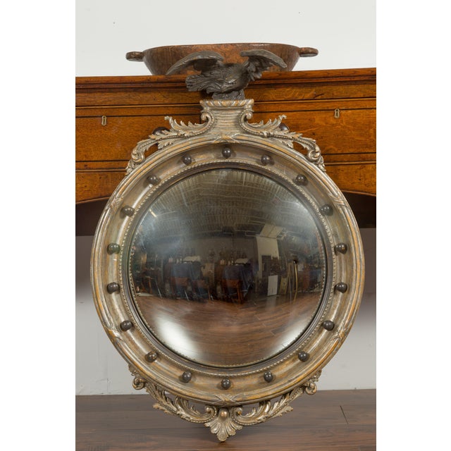 Glass English 1900s Silver Leaf Convex Girandole Bullseye Mirror with Eagle Motif For Sale - Image 7 of 12