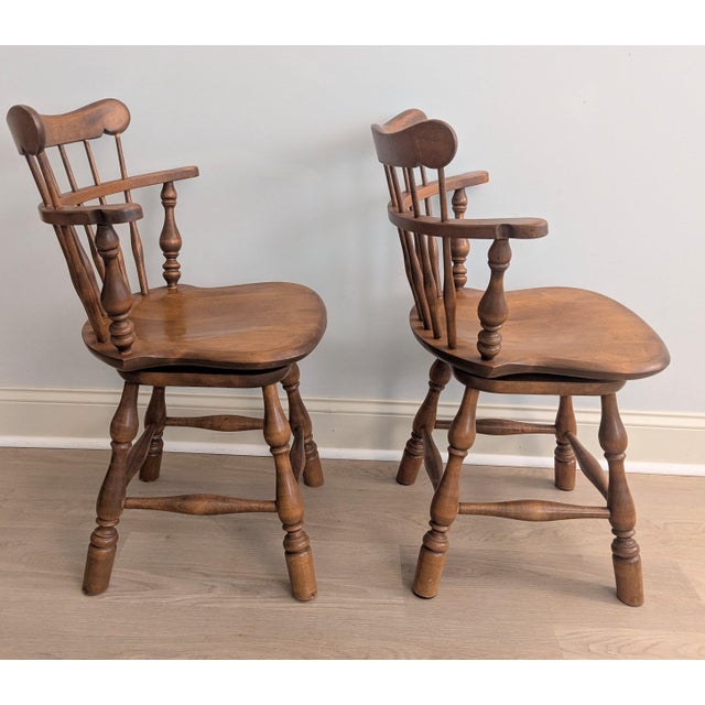 Late 20th Century Vintage Ethan Allen Rock Maple Dining Chair Comb-Back Swivel - A Pair For Sale - Image 5 of 11