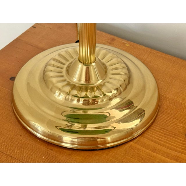 1960s Mid 20th Century Art Deco Emeraldite Shade Brass Banker Lamp With Ball Pull For Sale - Image 5 of 11
