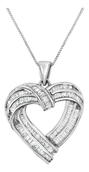 Sterling Silver 7/8 cttw Baguette Diamond Heart Pendant Necklace (I-J, I2-I3)