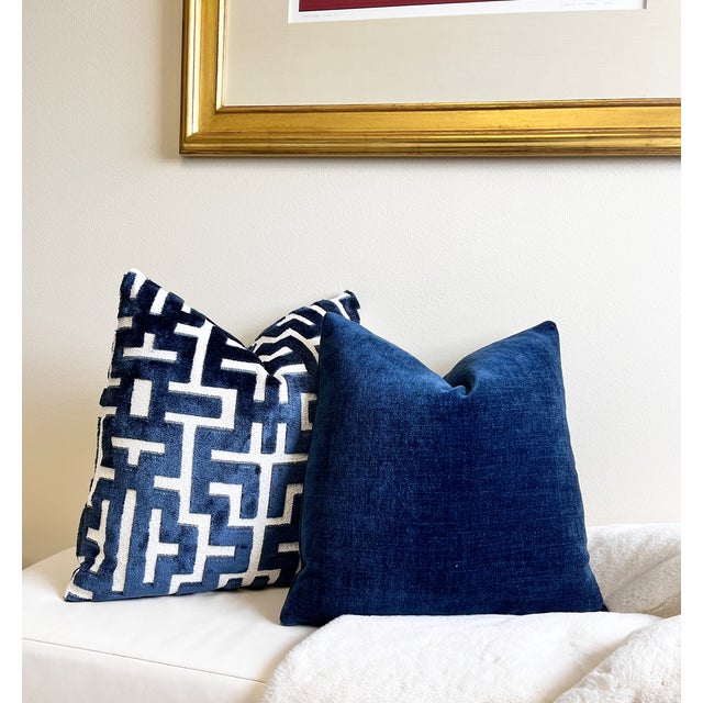 Contemporary Navy Myriad Velvet Throw Pillow With Feather Down Insert For Sale - Image 3 of 5