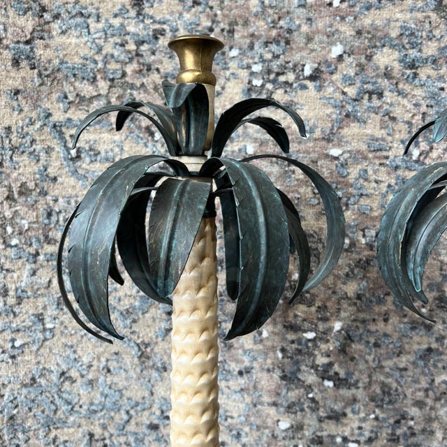 Pair of Hand painted metal palm tree candle stick, could be wired to become table lamp also. Imported from Italy.