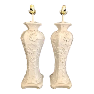 Pair of Chinoiserie Glazed Porcelain Lamps With Faux Bamboo and Floral Relief Accents