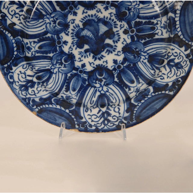 Mid 18th Century 18th Century Delft Charger Dutch Delft Dish De Lampetkan Delftware Blue and White Earthenware Cabinet Plate Tullips For Sale - Image 5 of 13