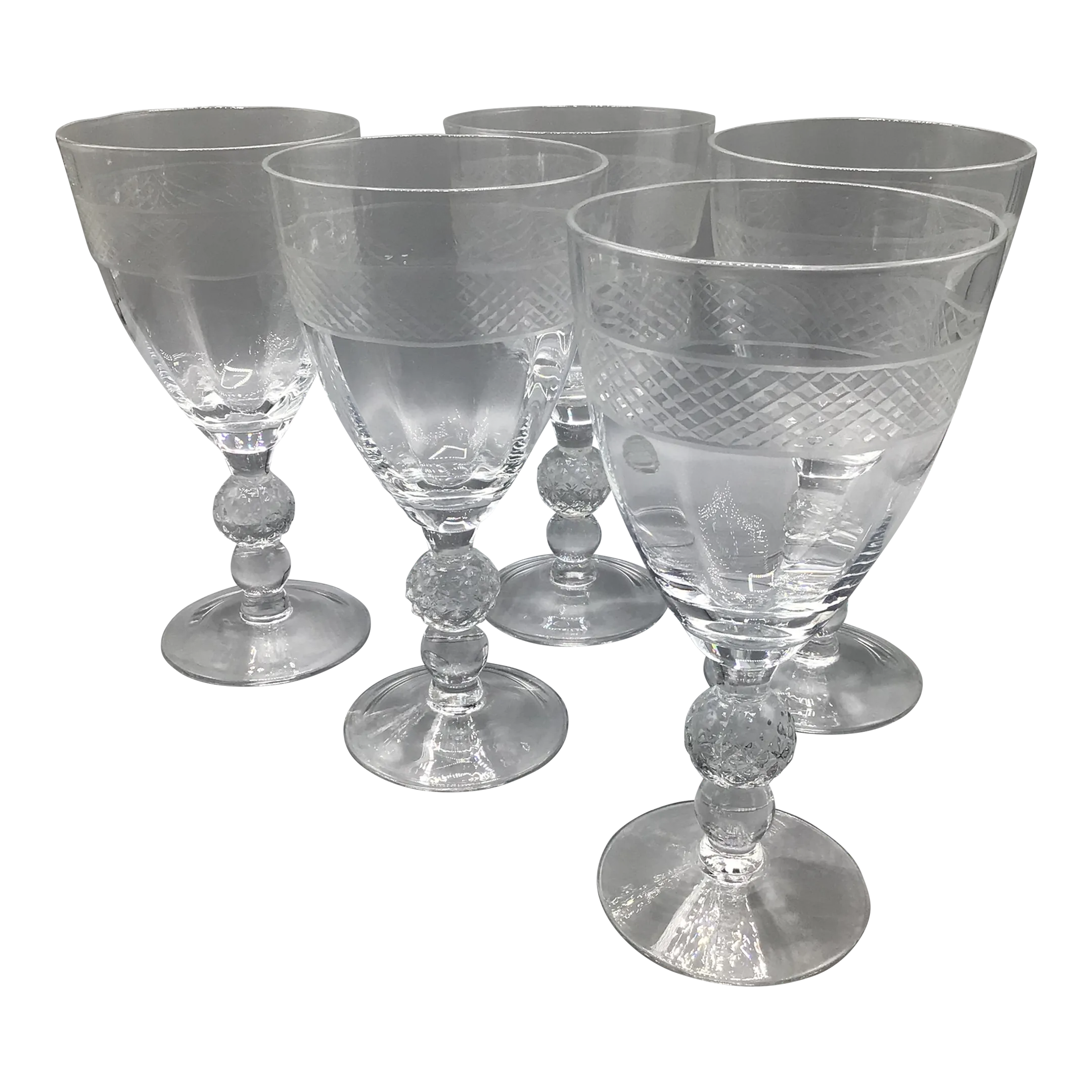 1950s Morgantown "Eton" Water Goblets Cut Ball Stem, With Cross Hatch Band  -Set of 5 Crystal Glasses | Chairish
