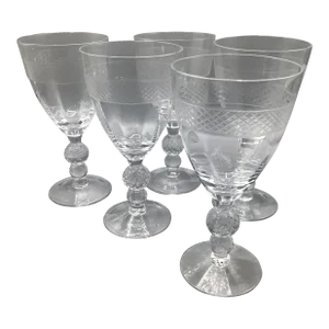 1950s Morgantown "Eton" Water Goblets Cut Ball Stem, With Cross Hatch Band -Set of 5 Crystal Glasses