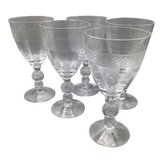 Morgantown "Eton" Water Goblets Cut Ball Stem, With Cross Hatch Band -Set of 5 Crystal Glasses For Sale