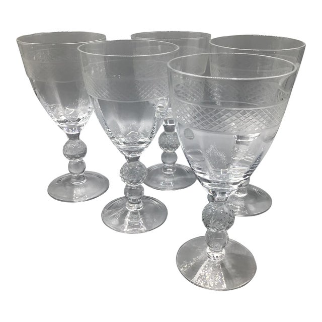 Morgantown "Eton" Water Goblets Cut Ball Stem, With Cross Hatch Band -Set of 5 Crystal Glasses For Sale
