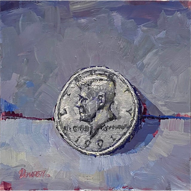 Real Steel 2 JFK 50 Cent Coin by Delton Demarest | Oil on board Painting of a JFK coin For Sale