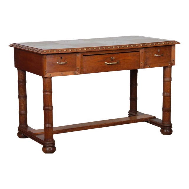 Oak and Brass Desk in the style of Charles Dudouyt, 1940 For Sale