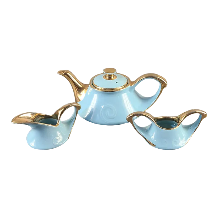 Vintage Guaranteed 22k Gold Usa Mid Century Tea Set Blue
