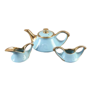 Vintage Guaranteed 22k Gold Usa Mid Century Tea Set Blue Wave Pot, Sugar & Creamer Set- 3 Pieces