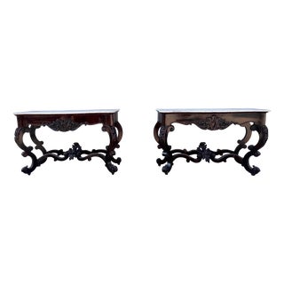 20th Century Louis Philippe Console Tables with White Marble Tops, 1890s, Set of 2 For Sale