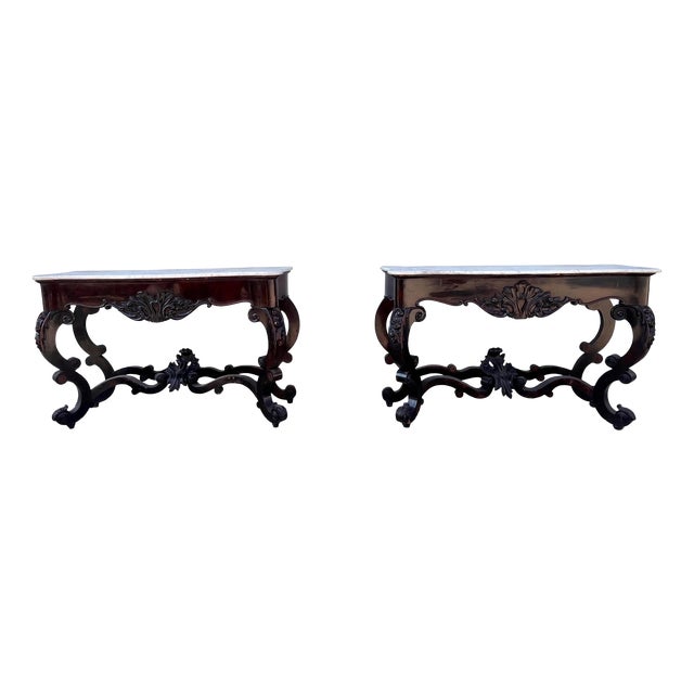 20th Century Louis Philippe Console Tables with White Marble Tops, 1890s, Set of 2 For Sale