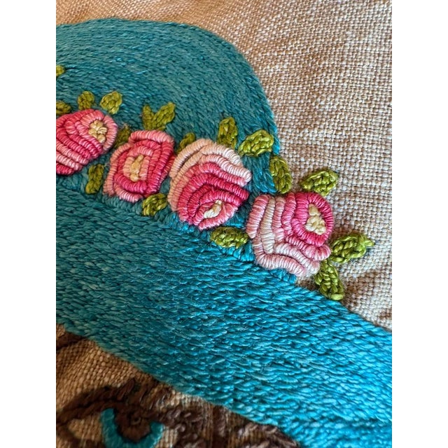 Vintage French Hand Embroidered Lady Textile Panel, Circa 1970s, Dimensional Roses and Flowers, Unfinished Pillow Fragment For Sale - Image 12 of 13