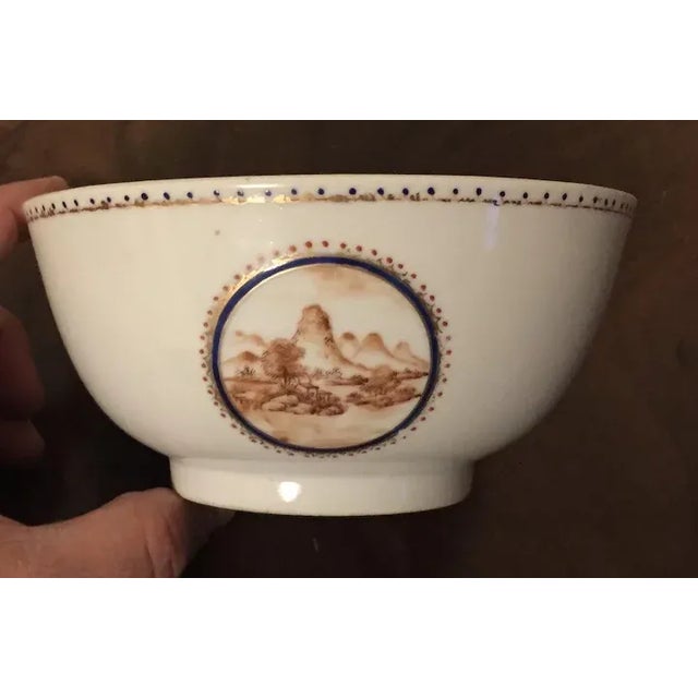 Chinese Antique Circa 1800s Chinese Export Porcelain Bowl Decorated with Sepia Landscape For Sale - Image 3 of 10