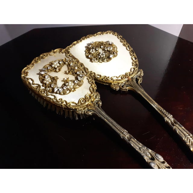1920s Vanity Set Mirror & Hair Brush Accented With Seed Pearls