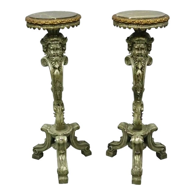 Late 20th Century Italian Baroque Style Marble Top Figural Bearded Man Pedestal Stands - a Pair For Sale