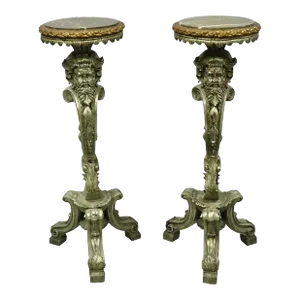 Late 20th Century Italian Baroque Style Marble Top Figural Bearded Man Pedestal Stands - a Pair