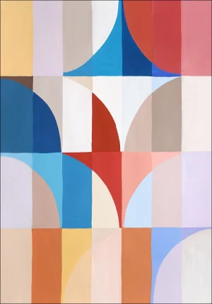 2025, Abstract Geometric, Original Painting, Bauhaus Landscape of "Lakeside Mirage", Acrylic Painting on Watercolor Paper by Natalia Roman