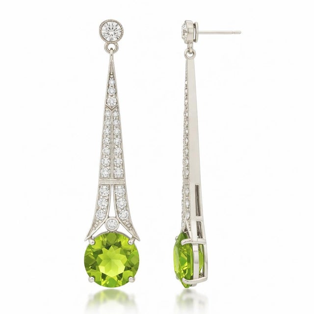 Art Deco Style Peridot and Colorless Topaz Drop Earrings Silver, Gold, A Pair For Sale - Image 4 of 5