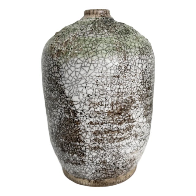 1970s Raku Crackle Glaze Vase With Green Drip Glaze For Sale