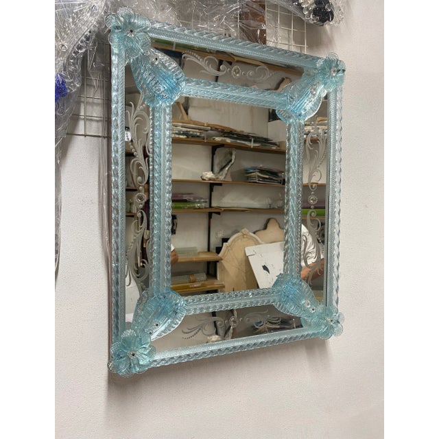 Venetian Rectangular Light-Blue Floreal Hand-Carving Mirror in Murano Glass Style For Sale - Image 6 of 8