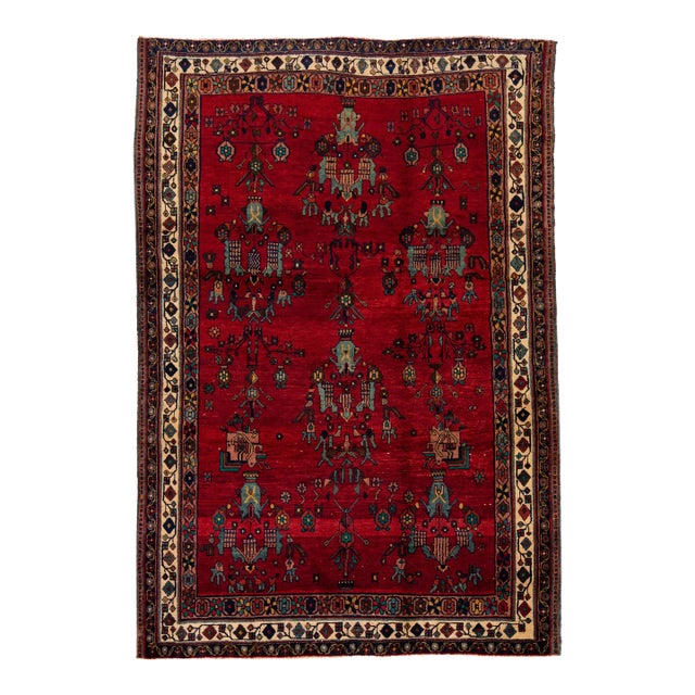 1960s Vintage Persian Bidjar Handmade Floral Red Wool Rug For Sale