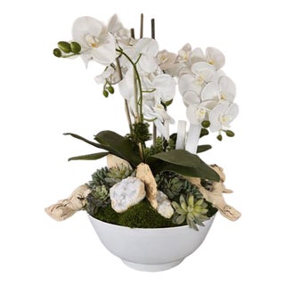 Vintage Amthor Modern Imports Japanese Ceramic Bowl With Monumental Faux Orchid Arrangement For Sale