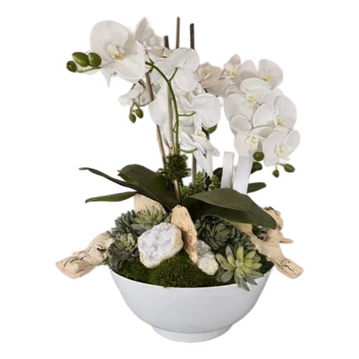 Vintage Amthor Modern Imports Japanese Ceramic Bowl With Monumental Faux Orchid Arrangement For Sale