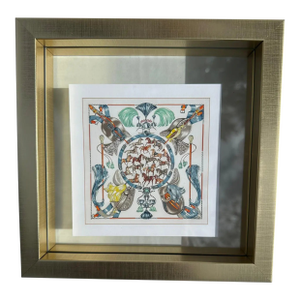 1990s Vintage Framed Authentic Original Hermès Art Advertisement Lithograph Featuring Hermès Scarf Horses