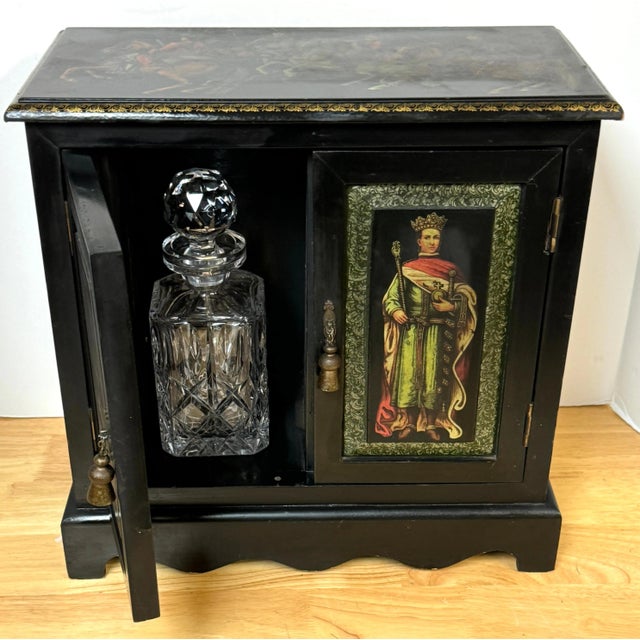 Renaissance Russian Style Polychromed Lacquer Dry Bar /Tauntless with 2 crystal Decanters For Sale - Image 3 of 12