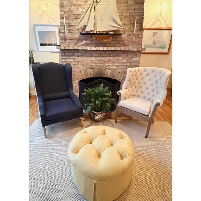 Custom Two-Toned Wingback Chair by Restoration Hardware in Navy Blue, Nail-Head Trim For Sale - Image 14 of 18