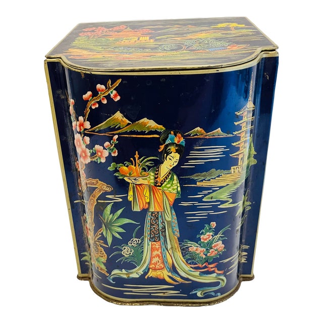 Vintage English Chinoiserie Tea Tin For Sale