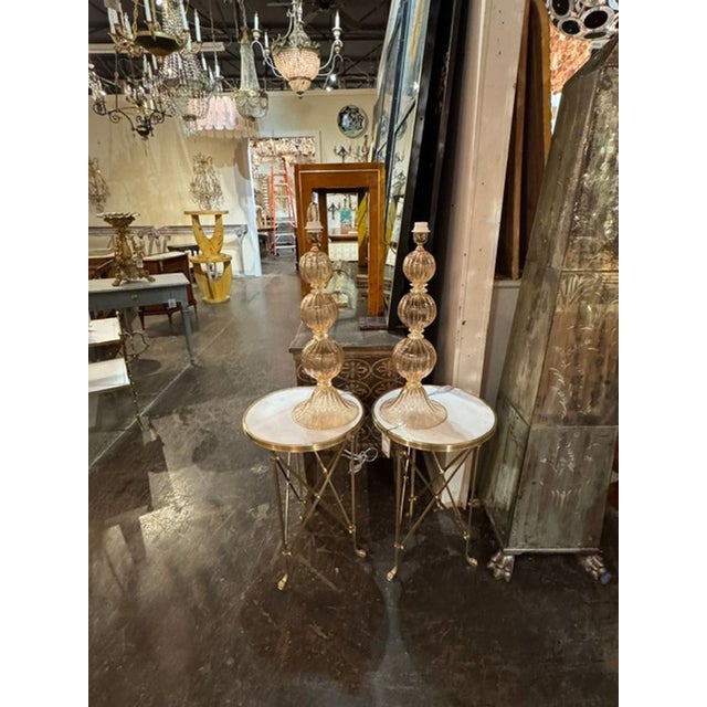 Glass Pair of Large Scale Murano Peach and Gold Ball Form Lamps For Sale - Image 7 of 7