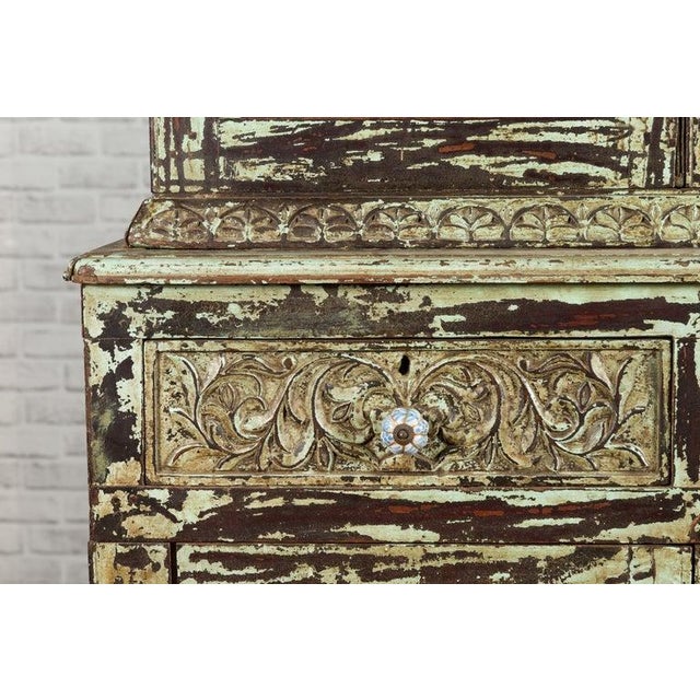 Indian Rustic Painted Wood Cabinet with Carved Foliage & Distressed Patina For Sale - Image 9 of 12