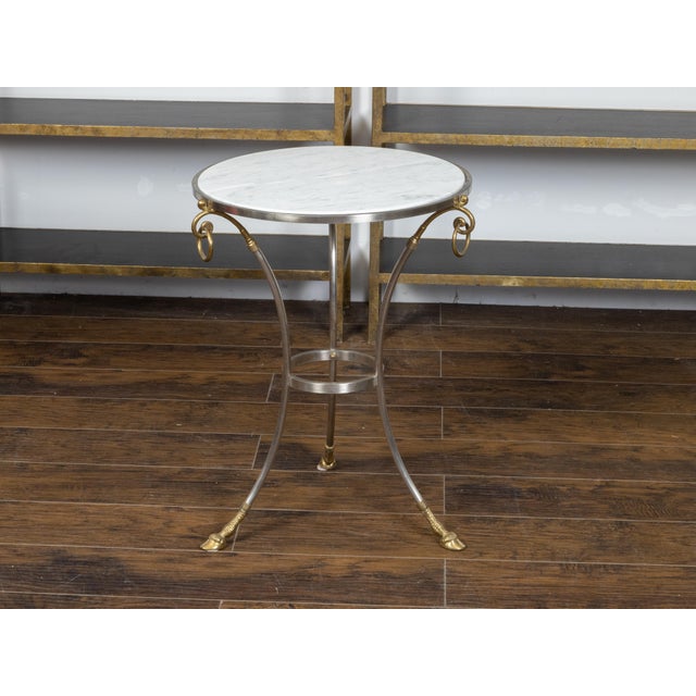 Metal Midcentury Italian Maison Jansen Style Steel and Brass Table with Marble Top For Sale - Image 7 of 11
