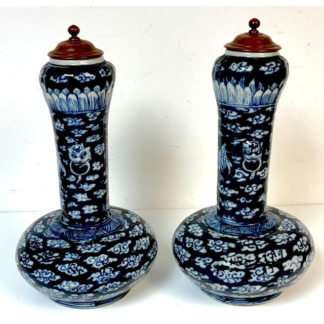 Blue Pair of Late Qing Blue & White Porcelain Garlic-Neck Vases, Lion Mask Handles For Sale - Image 8 of 14