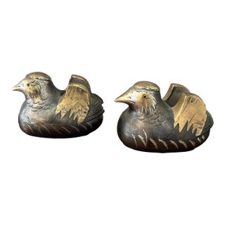 Japanese Fine Antique Pair Gilt Bronze Mandarin Duck Screen Holders For Sale