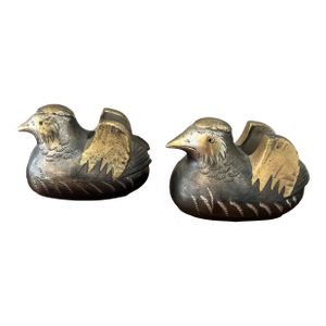 Japanese Fine Antique Pair Gilt Bronze Mandarin Duck Screen Holders