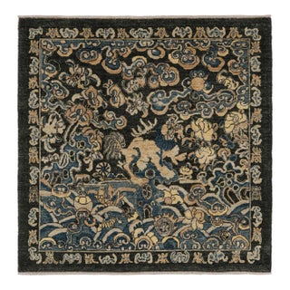 Rug & Kilim’s Chinese Pictorial Square Rug in Dark Gray and Black For Sale