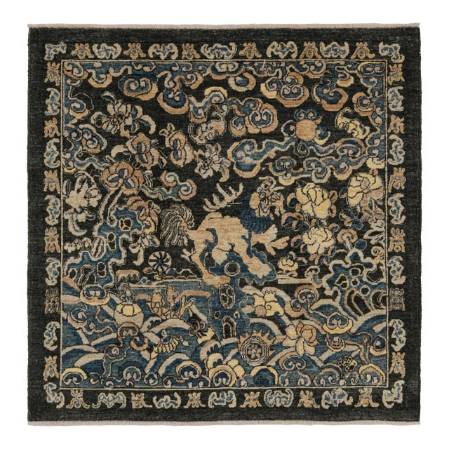 Rug & Kilim’s Chinese Pictorial Square Rug in Dark Gray and Black For Sale