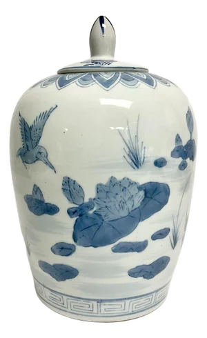 Mid-Century Chinoiserie Hollywood Regency Melon Jar With Lilly Pad, Hummingbirds