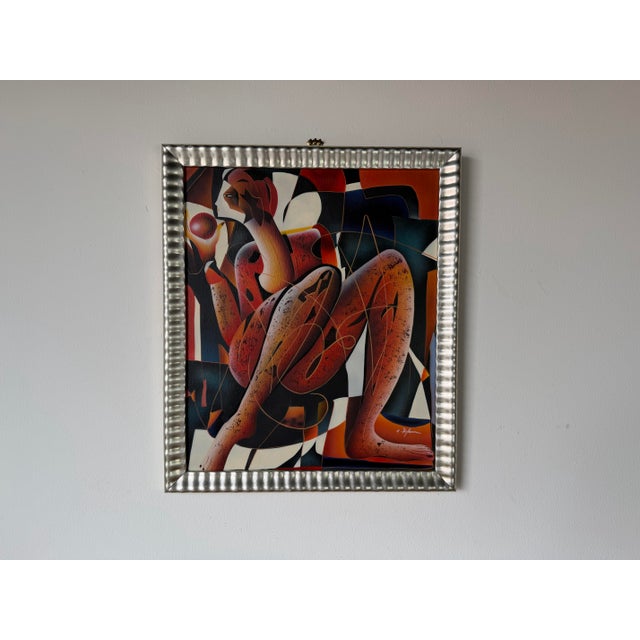 Mid-Century Modern 1980’s Vintage C. Ryan Cubist Figural Oil on Canvas Painting, Framed For Sale - Image 3 of 12