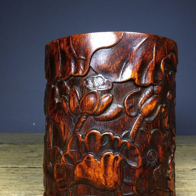 Vintage Chinese Bamboo Carved "Lotus & Crab" Brush Pot - 480g For Sale In Los Angeles - Image 6 of 9