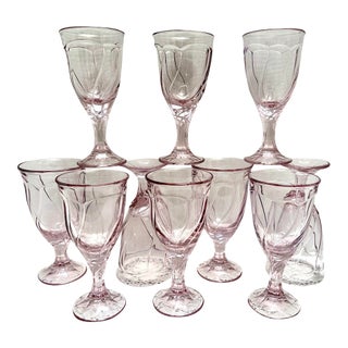 Vintage Pink Wavy Glass Stemware Goblets, Set of Ten For Sale